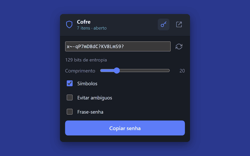 Gerador de senhas do Cofre criando senhas e frases-senha (dados de exemplo)