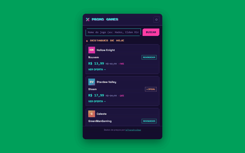 Promo Games buscando um jogo e comparando preços entre lojas (dados de exemplo)