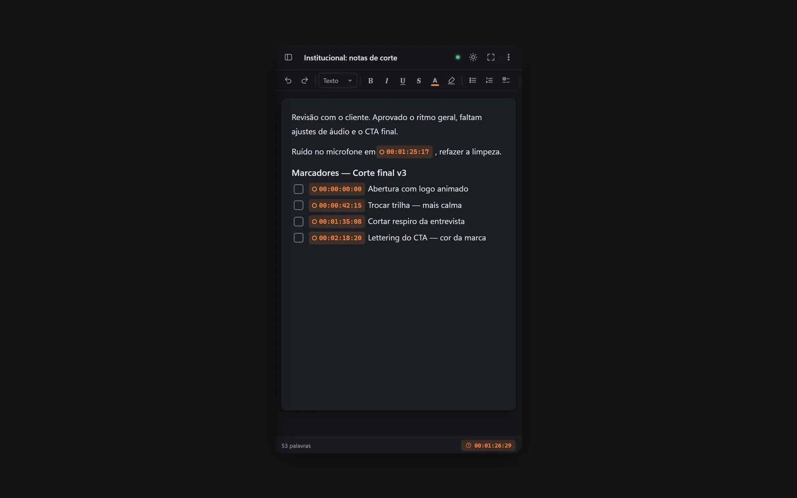 Nota do Ragazzo's Word com timecodes clicáveis e marcadores importados da sequência (dados de exemplo)